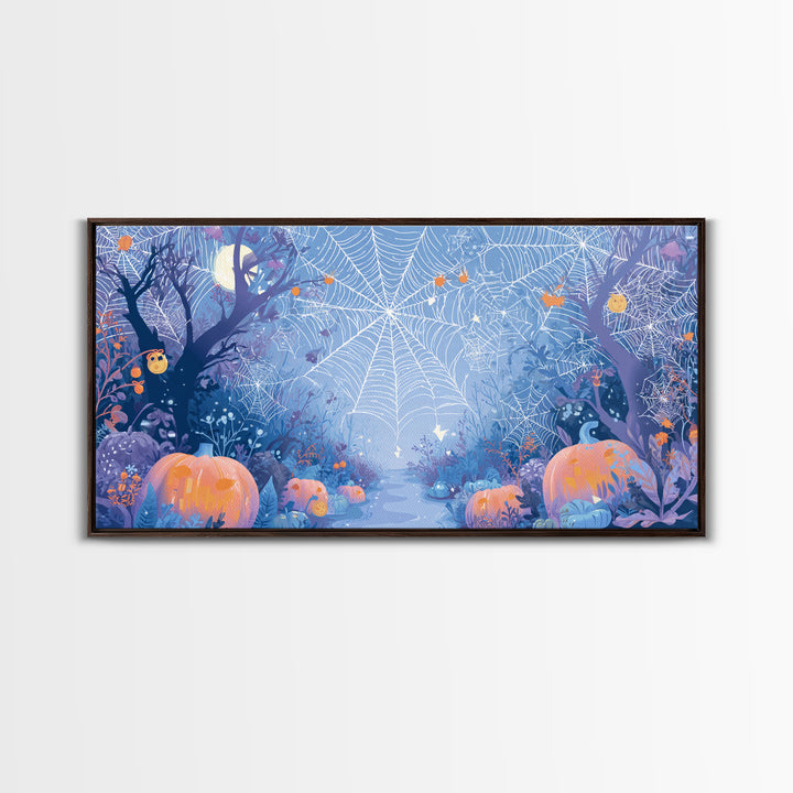 The Great Cobweb Knitting Contest, Vector Halloween Art, Wide Panoramic Art, Framed Canvas Print, Cute Halloween Wall Art