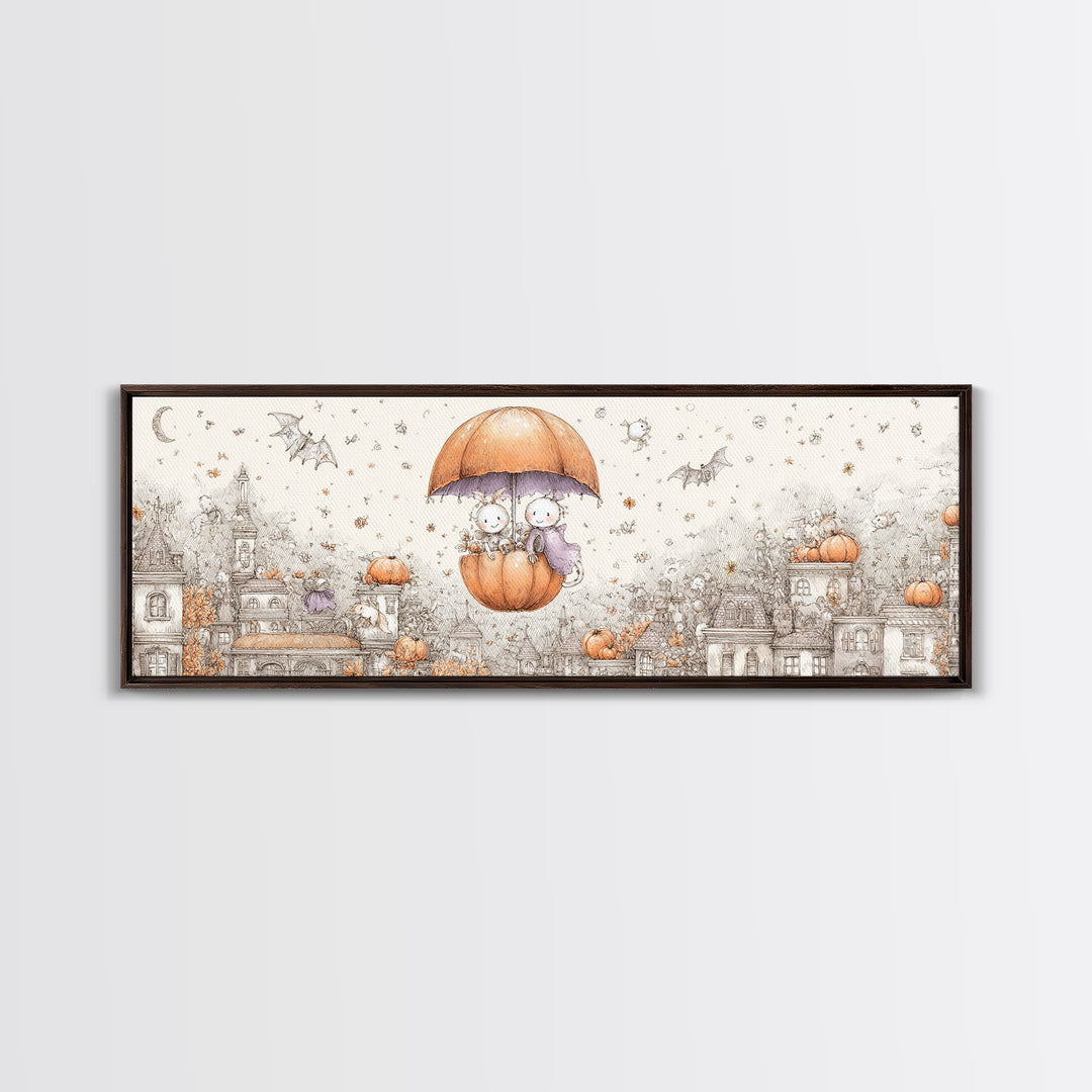 The Enchanted Umbrella Adventure, Hand Sketch Halloween Art, Extra Wide Wall Art, Canvas Print, Cute Halloween Wall Art