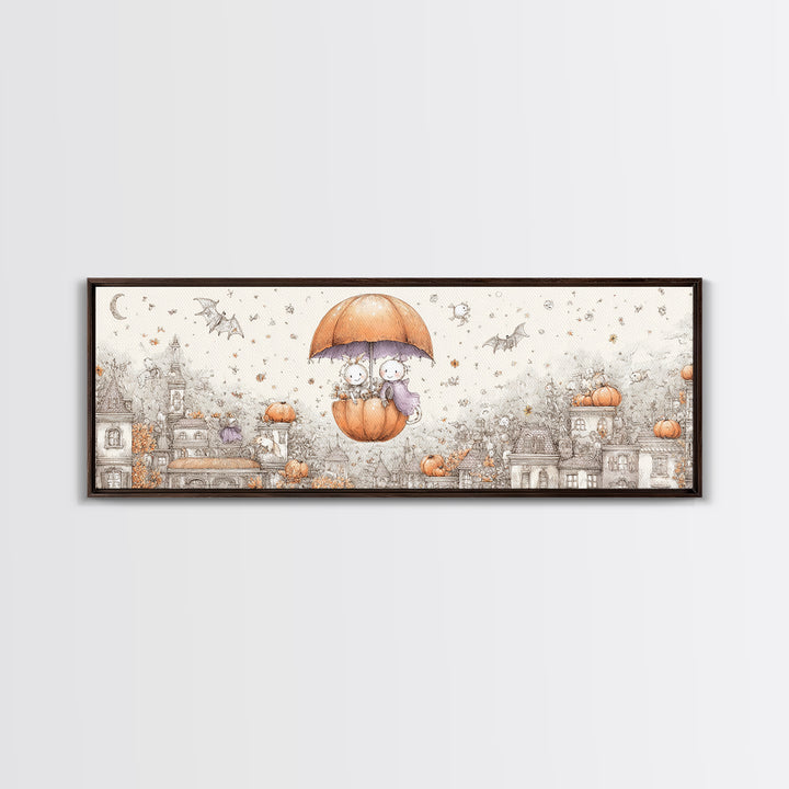 The Enchanted Umbrella Adventure, Hand Sketch Halloween Art, Extra Wide Wall Art, Canvas Print, Cute Halloween Wall Art