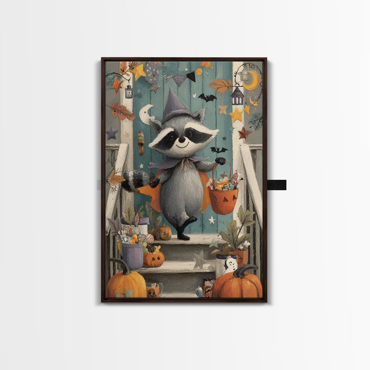 The Raccoon Trick-Or-Treater, Gouache Halloween Art, Vertical Wall Art, Canvas Print, Cute Halloween Wall Art