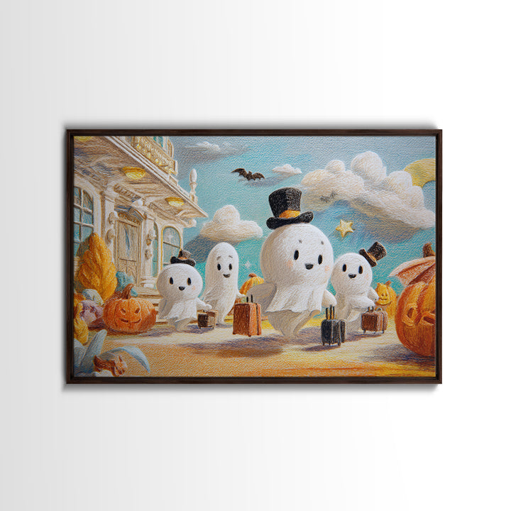 The Friendly Ghost Hotel, Crayon Halloween Art, Landscape Wall Art, Framed Canvas Print, Cute Halloween Wall Art