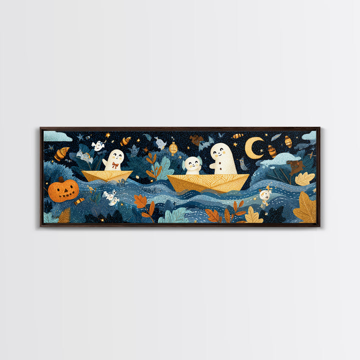 The Golden Leaf River, Felt Halloween Art, Extra Wide Wall Art, Canvas Print, Cute Halloween Wall Art, Storybook Decor