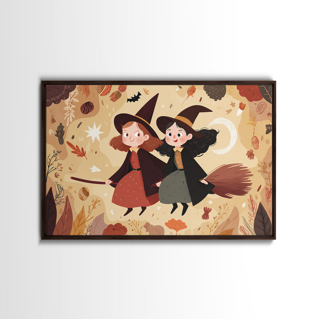 The Twin Broomstick Witches, Kawaii Halloween Art, Landscape Wall Art, Framed Canvas Print, Cute Halloween Wall Art