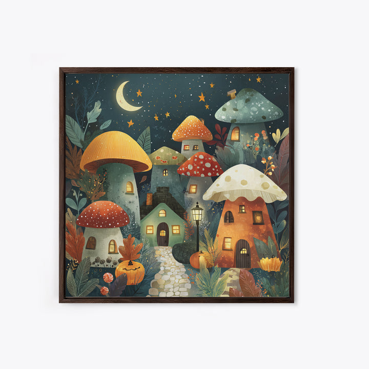 The Lantern-Lit Mushroom Village, Retro Halloween Art, Square Wall Art, Canvas Print, Cute Halloween Wall Art
