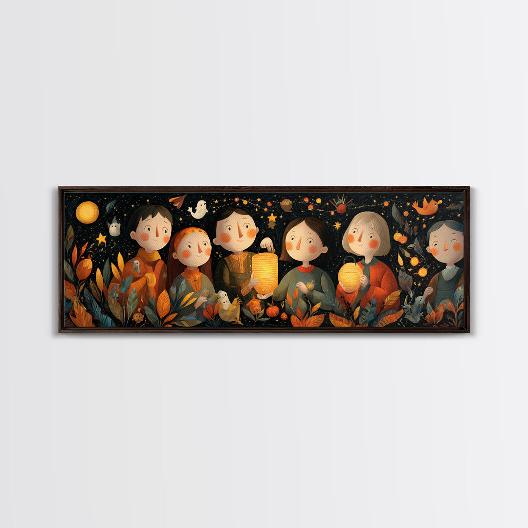 The Lantern-Making Festival, Folk Halloween Art, Extra Wide Wall Art, Canvas Print, Cute Halloween Wall Art