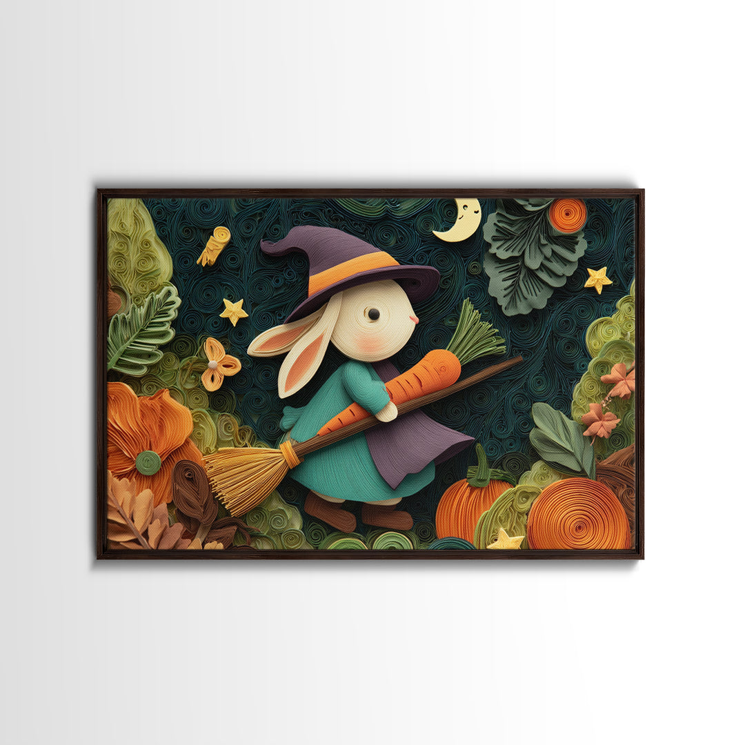 The Bunny Witch, Quilled Halloween Art, Landscape Wall Art, Framed Canvas Print, Cute Halloween Wall Art
