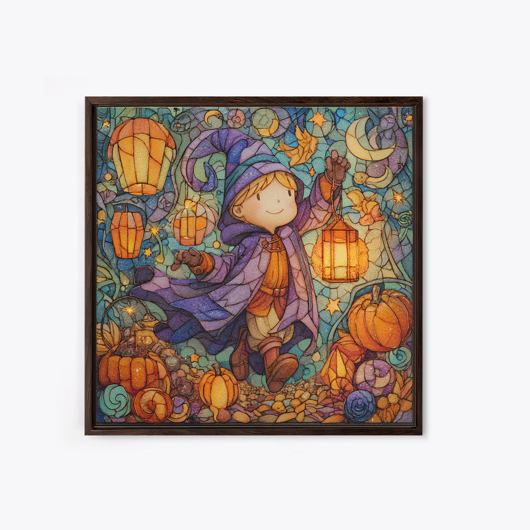 The Lantern-Light Wizard, Stained Glass Halloween, Square Wall Art, Canvas Print, Cute Halloween Wall Art