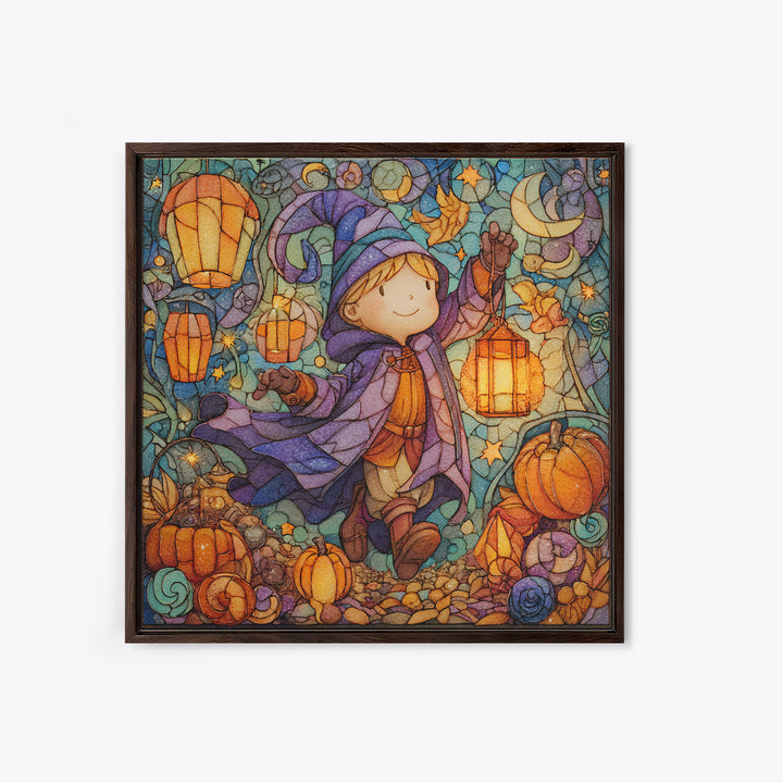 The Lantern-Light Wizard, Stained Glass Halloween, Square Wall Art, Canvas Print, Cute Halloween Wall Art
