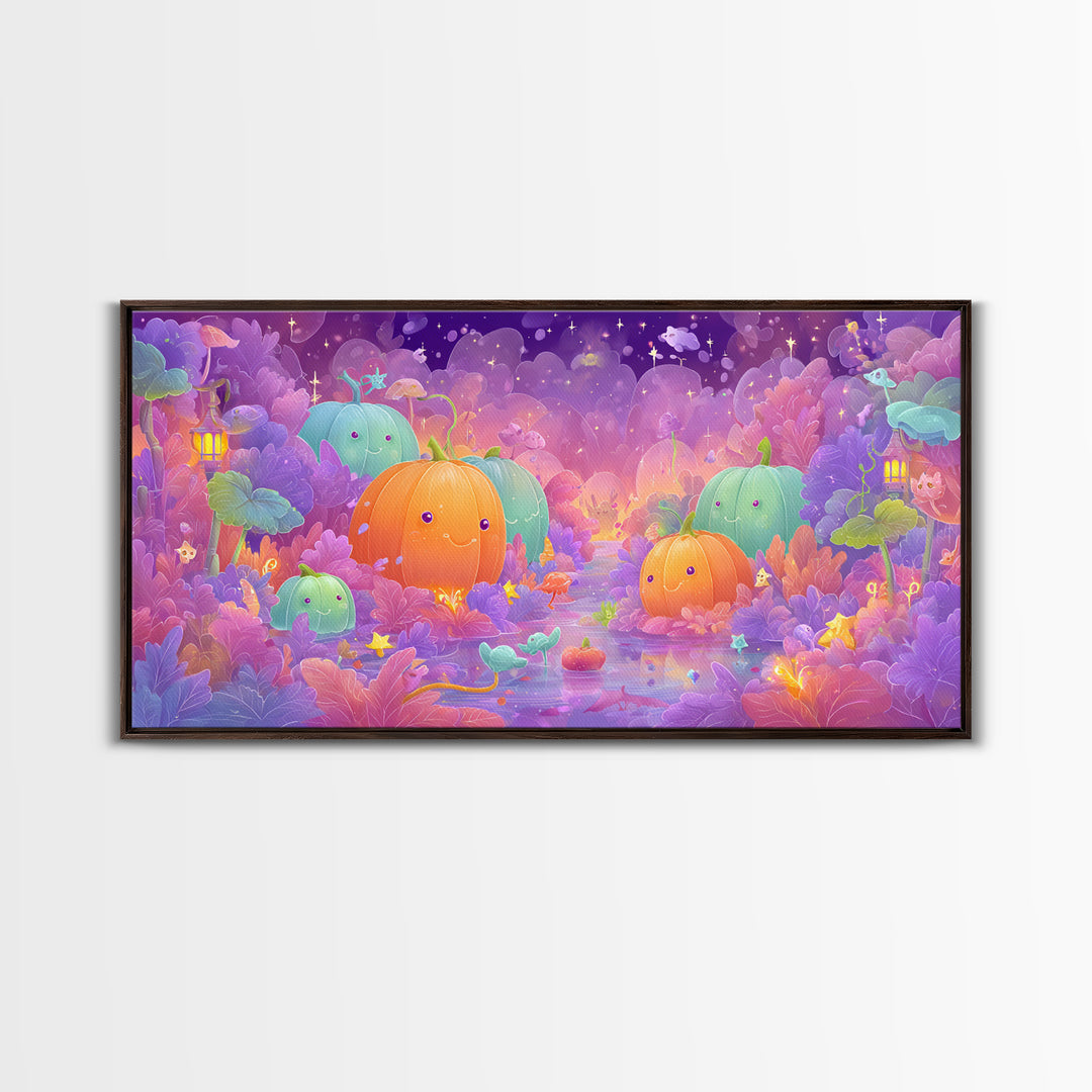 The Pumpkin Fairy Garden, Vaporwave Halloween Art, Wide Panoramic Art, Framed Canvas Print, Cute Halloween Wall Art