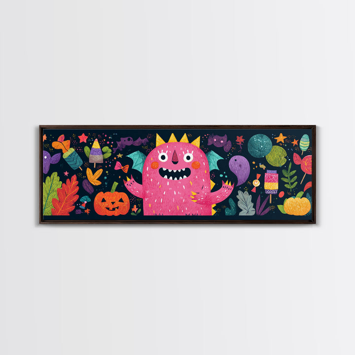 The Polka-Dot Monster, Pixel Halloween Art, Extra Wide Wall Art, Canvas Print, Cute Halloween Wall Art