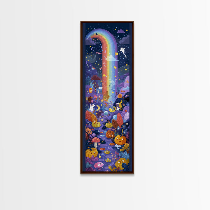 The Rainbow After The Halloween Rain, Vector Halloween Art, Tall Narrow Wall Art, Framed Canvas Print, Cute Halloween Wall Art
