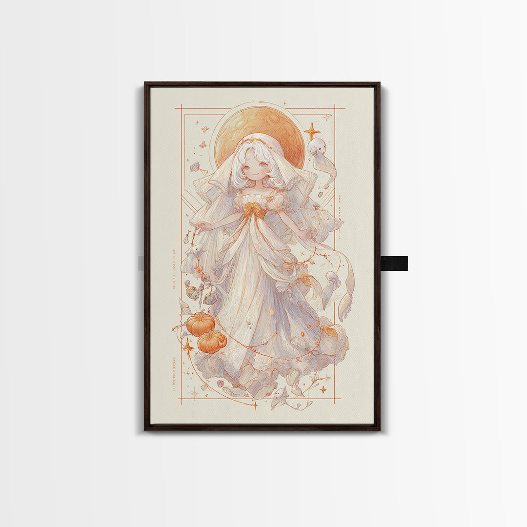 The Bride Of The Abyssal Moon, Hand Sketch Halloween Art, Vertical Wall Art, Canvas Print, Cute Halloween Wall Art