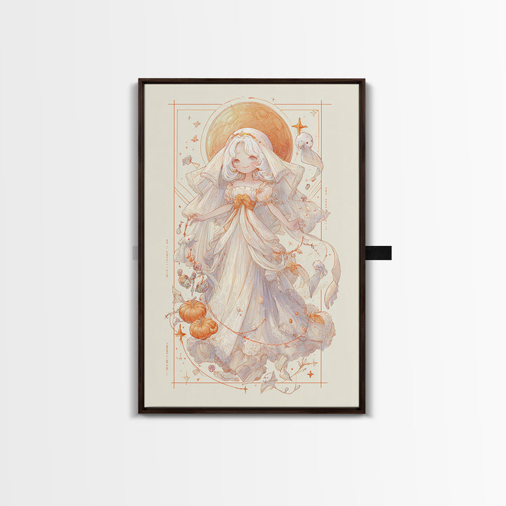 The Bride Of The Abyssal Moon, Hand Sketch Halloween Art, Vertical Wall Art, Canvas Print, Cute Halloween Wall Art