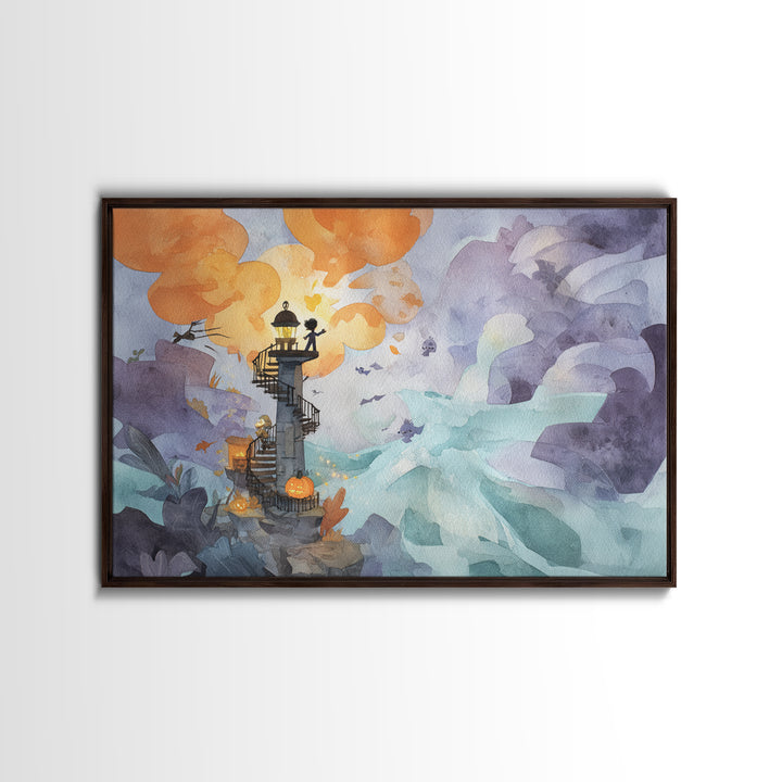 The Last Lighthouse Of Y’Ha-Nthlei, Watercolor Halloween Art, Landscape Wall Art, Framed Canvas Print, Cute Halloween Wall Art