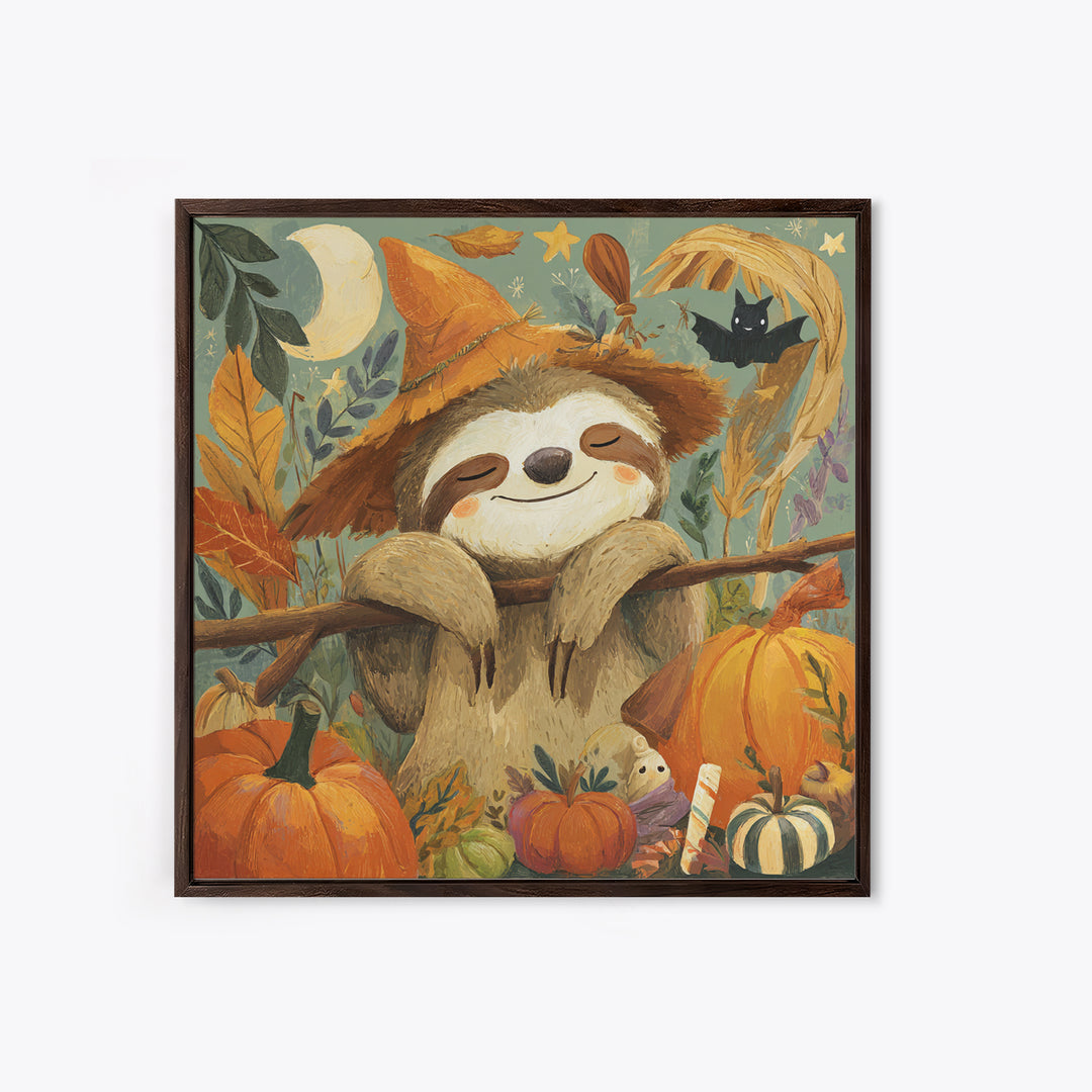 The Scarecrow Sloth, Gouache Halloween Art, Square Wall Art, Canvas Print, Cute Halloween Wall Art, Halloween Kids Decor