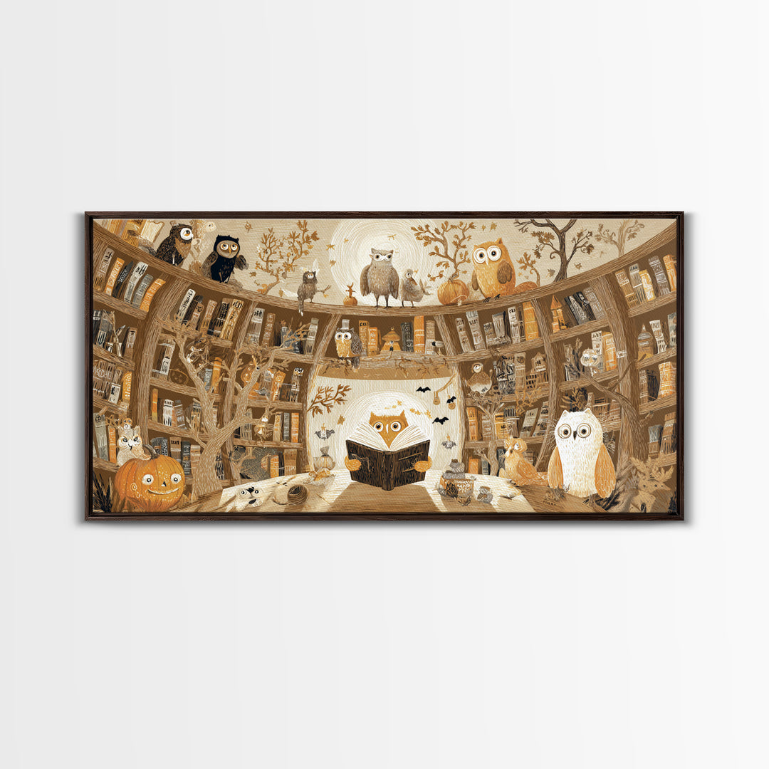 The Moonbeam Library, Crayon Halloween Art, Wide Panoramic Art, Framed Canvas Print, Cute Halloween Wall Art