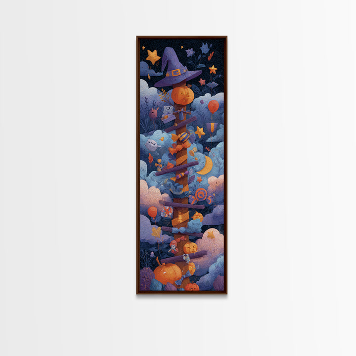 The Broomstick Obstacle Course, Paper Collage Halloween, Tall Narrow Wall Art, Framed Canvas Print, Cute Halloween Wall Art