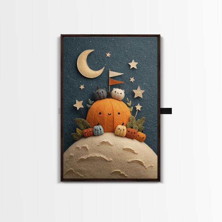 The Pumpkin Moon Expedition, Felt Halloween Art, Vertical Wall Art, Canvas Print, Cute Halloween Wall Art