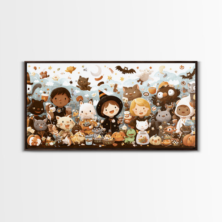 The Friendly Familiar Club, Kawaii Halloween Art, Wide Panoramic Art, Framed Canvas Print, Cute Halloween Wall Art