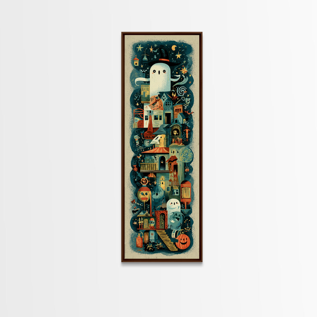 The Ghost Mail Carrier, Screenprint Halloween Art, Tall Narrow Wall Art, Framed Canvas Print, Cute Halloween Wall Art