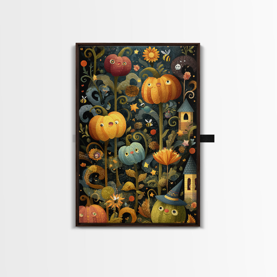 The Pumpkin Flower Garden, Folk Halloween Art, Vertical Wall Art, Canvas Print, Cute Halloween Wall Art