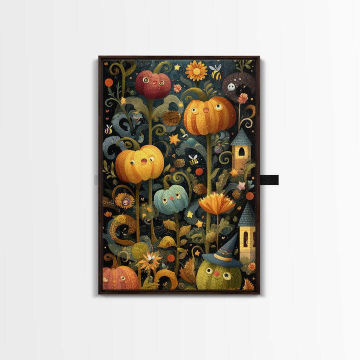 The Pumpkin Flower Garden, Folk Halloween Art, Vertical Wall Art, Canvas Print, Cute Halloween Wall Art