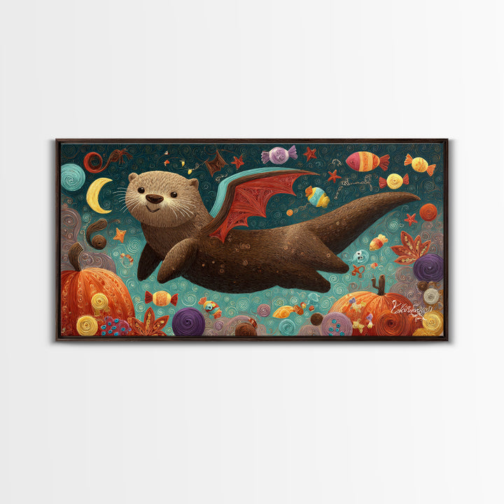 The Bat-Winged Otter, Quilled Halloween Art, Wide Panoramic Art, Framed Canvas Print, Cute Halloween Wall Art