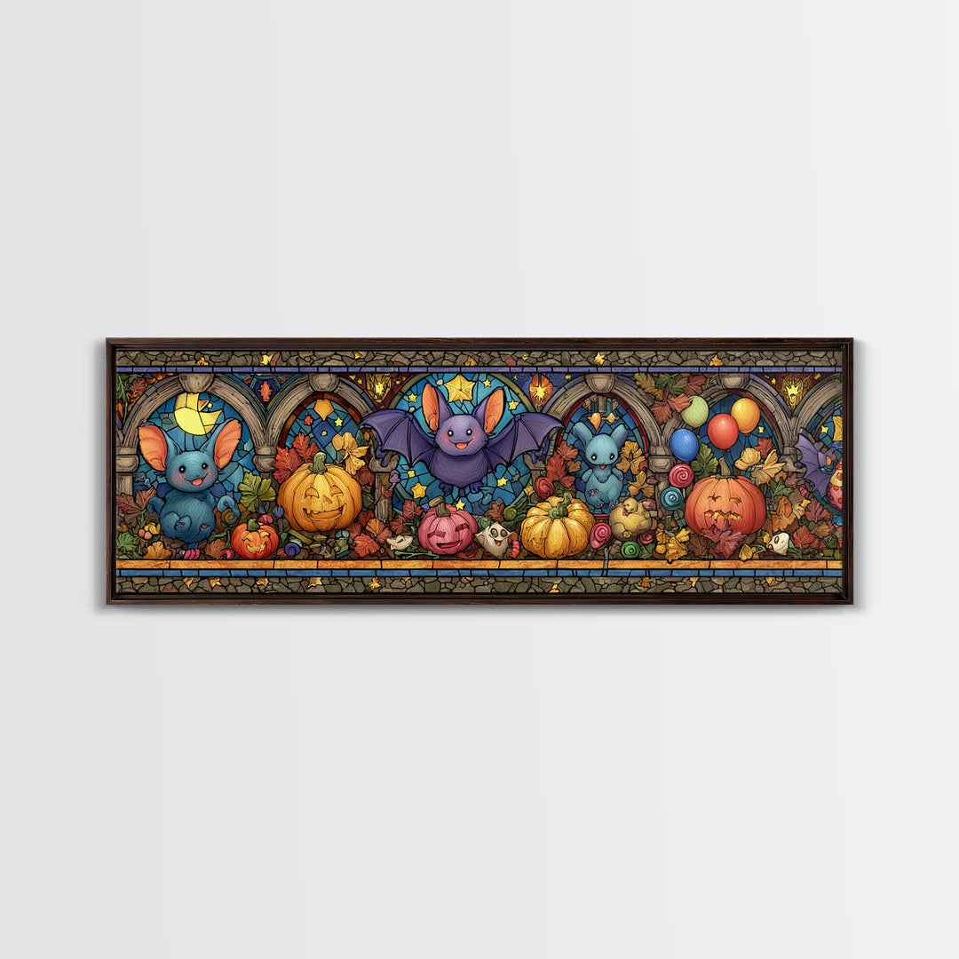 The Bat Balloon Factory, Stained Glass Halloween, Extra Wide Wall Art, Canvas Print, Cute Halloween Wall Art