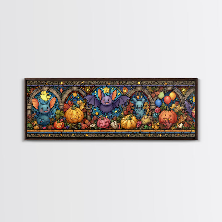 The Bat Balloon Factory, Stained Glass Halloween, Extra Wide Wall Art, Canvas Print, Cute Halloween Wall Art