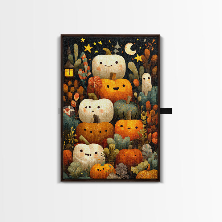 The Pumpkin Painting Party, Pixel Halloween Art, Vertical Wall Art, Canvas Print, Cute Halloween Wall Art