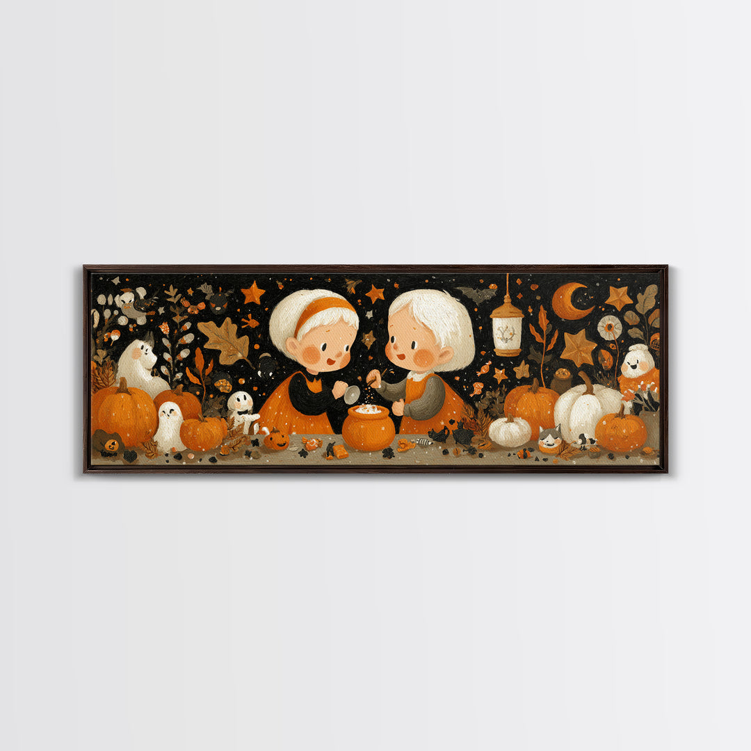 The Pumpkin Potion Twins, Gouache Halloween Art, Extra Wide Wall Art, Canvas Print, Cute Halloween Wall Art