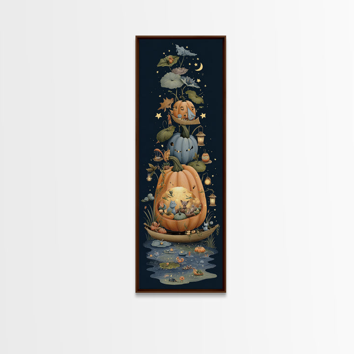The Pumpkin Sailboat, Crayon Halloween Art, Tall Narrow Wall Art, Framed Canvas Print, Cute Halloween Wall Art