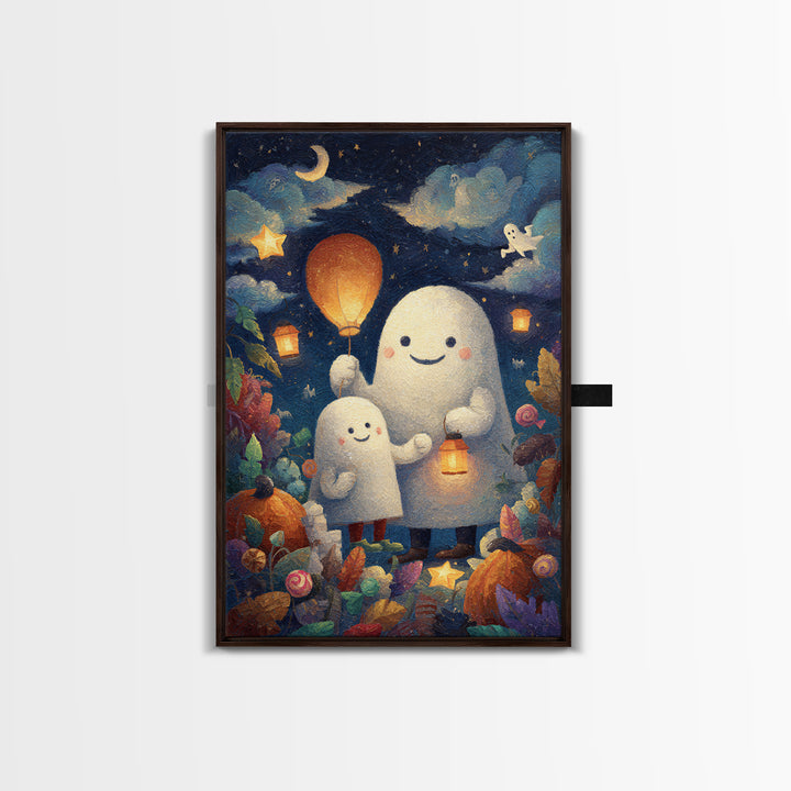 The Ghost Balloon Friend, Pastel Halloween Art, Vertical Wall Art, Canvas Print, Cute Halloween Wall Art