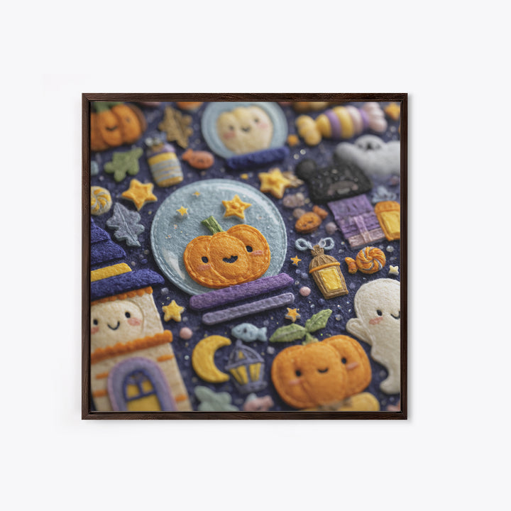 The Halloween Bubble Village, Felt Halloween Art, Square Wall Art, Canvas Print, Cute Halloween Wall Art
