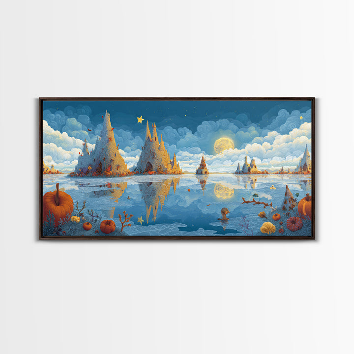 The Frost Beyond Carcosa, Clay Halloween Art, Wide Panoramic Art, Framed Canvas Print, Cute Halloween Wall Art