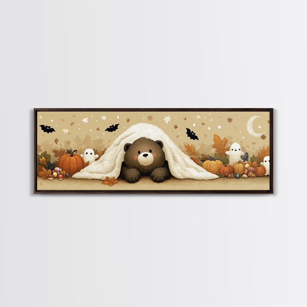 The Bear Cub Ghost, Plush Halloween Art, Extra Wide Wall Art, Canvas Print, Cute Halloween Wall Art, Cozy Autumn Kids Decor