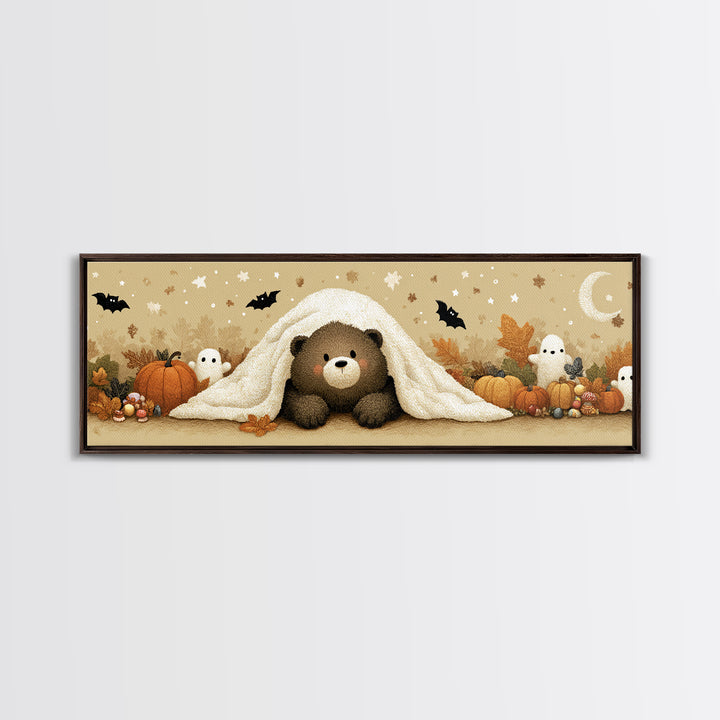 The Bear Cub Ghost, Plush Halloween Art, Extra Wide Wall Art, Canvas Print, Cute Halloween Wall Art, Cozy Autumn Kids Decor