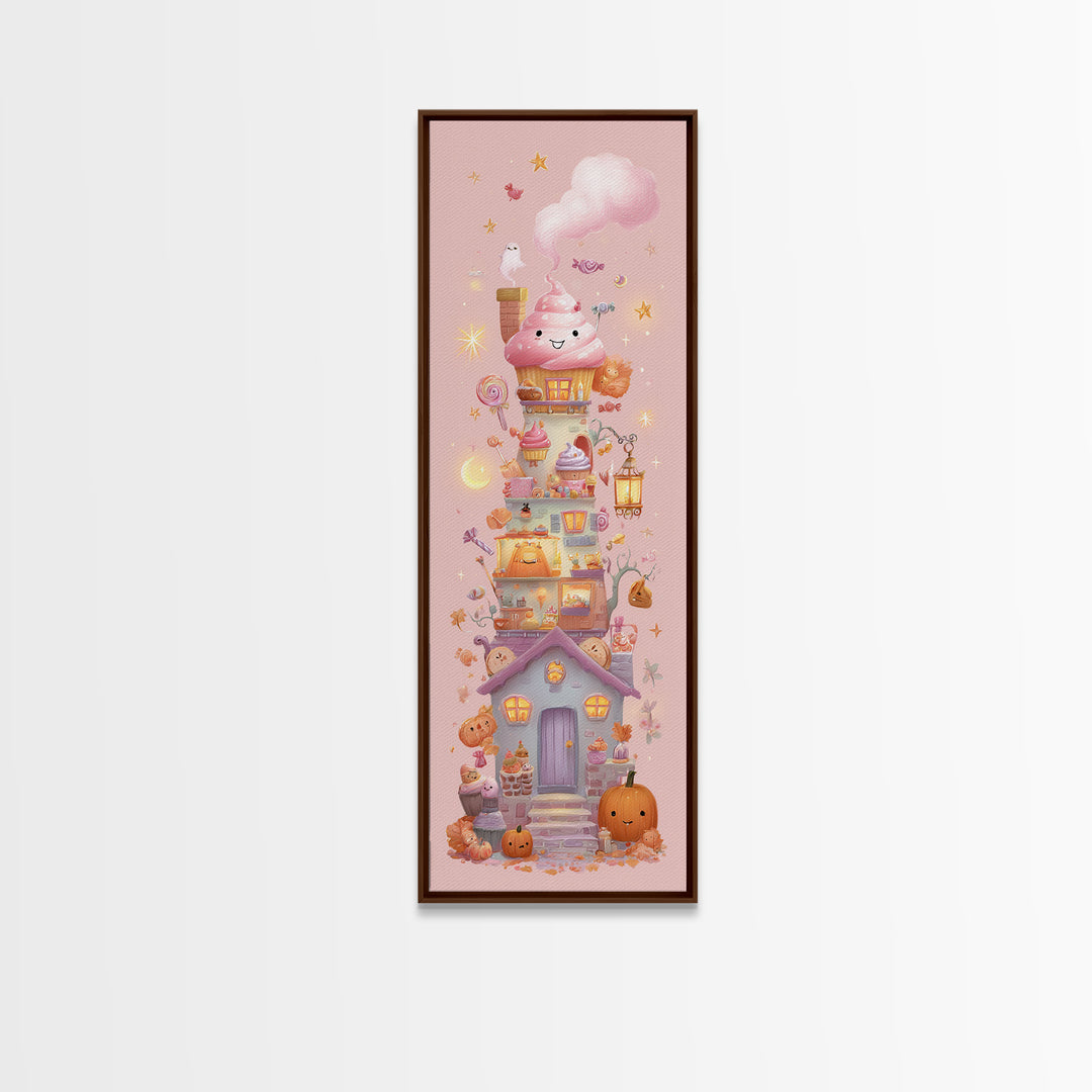 The Witch'S Cupcake Cottage, Kawaii Halloween Art, Tall Narrow Wall Art, Framed Canvas Print, Cute Halloween Wall Art