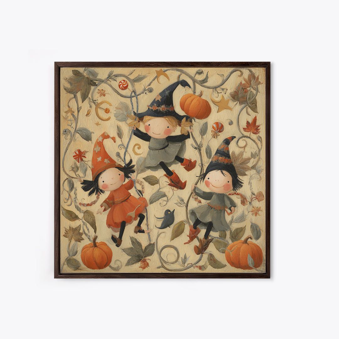 The Pumpkin Vine Swing, Folk Halloween Art, Square Wall Art, Canvas Print, Cute Halloween Wall Art, Halloween Kids Decor