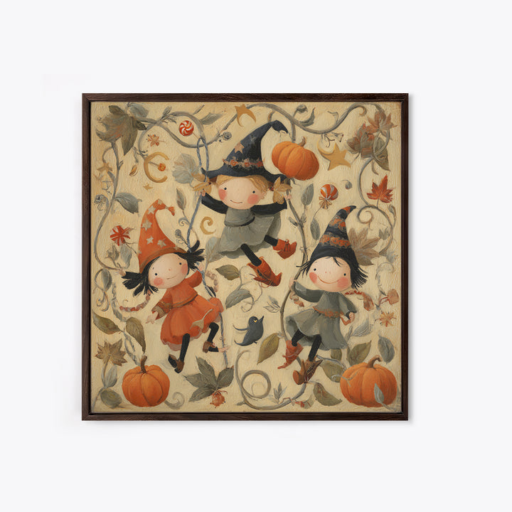 The Pumpkin Vine Swing, Folk Halloween Art, Square Wall Art, Canvas Print, Cute Halloween Wall Art, Halloween Kids Decor