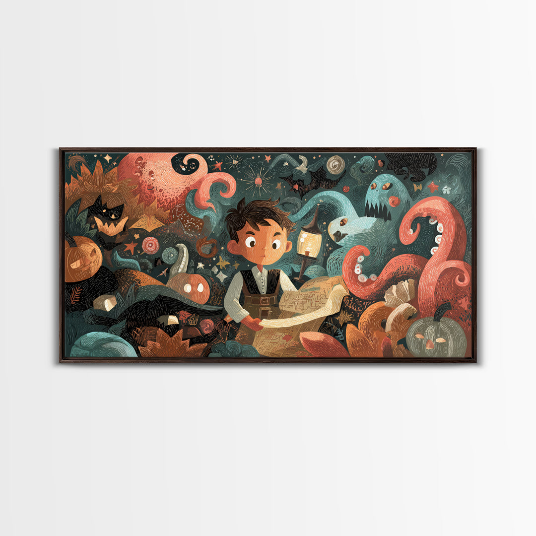 The Mapmaker Of Impossible Shores, Linocut Halloween Art, Wide Panoramic Art, Framed Canvas Print, Cute Halloween Wall Art