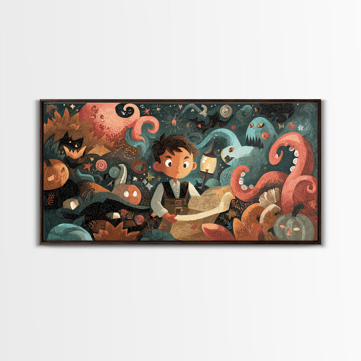 The Mapmaker Of Impossible Shores, Linocut Halloween Art, Wide Panoramic Art, Framed Canvas Print, Cute Halloween Wall Art