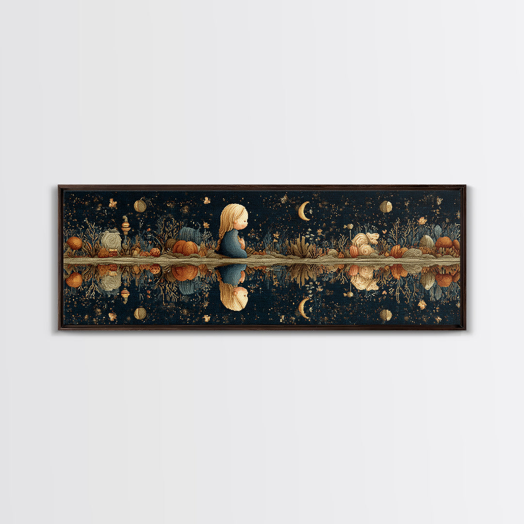 The Mirror Lake Of Lost Constellations, Embroidered Halloween Art, Extra Wide Wall Art, Canvas Print, Cute Halloween Wall Art