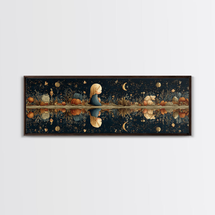 The Mirror Lake Of Lost Constellations, Embroidered Halloween Art, Extra Wide Wall Art, Canvas Print, Cute Halloween Wall Art