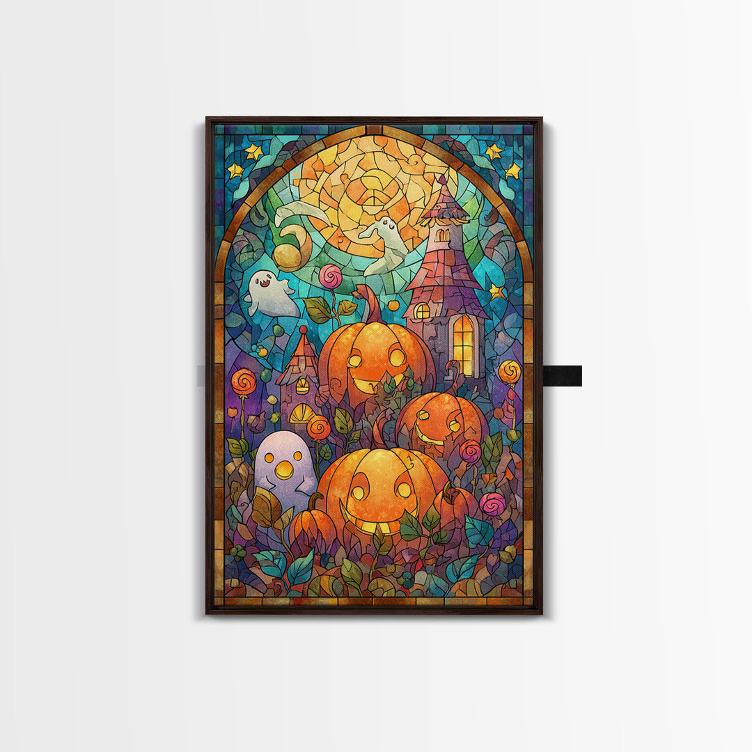 The Starry Pumpkin Farm, Stained Glass Halloween, Vertical Wall Art, Canvas Print, Cute Halloween Wall Art
