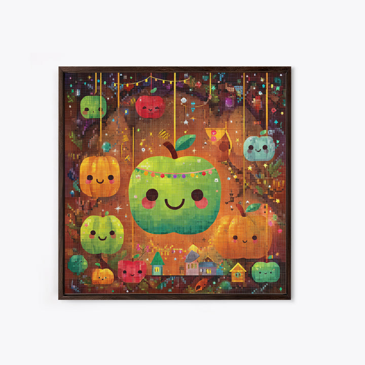 The Candy Apple Dance, Pixel Halloween Art, Square Wall Art, Canvas Print, Cute Halloween Wall Art, Halloween Kids Decor