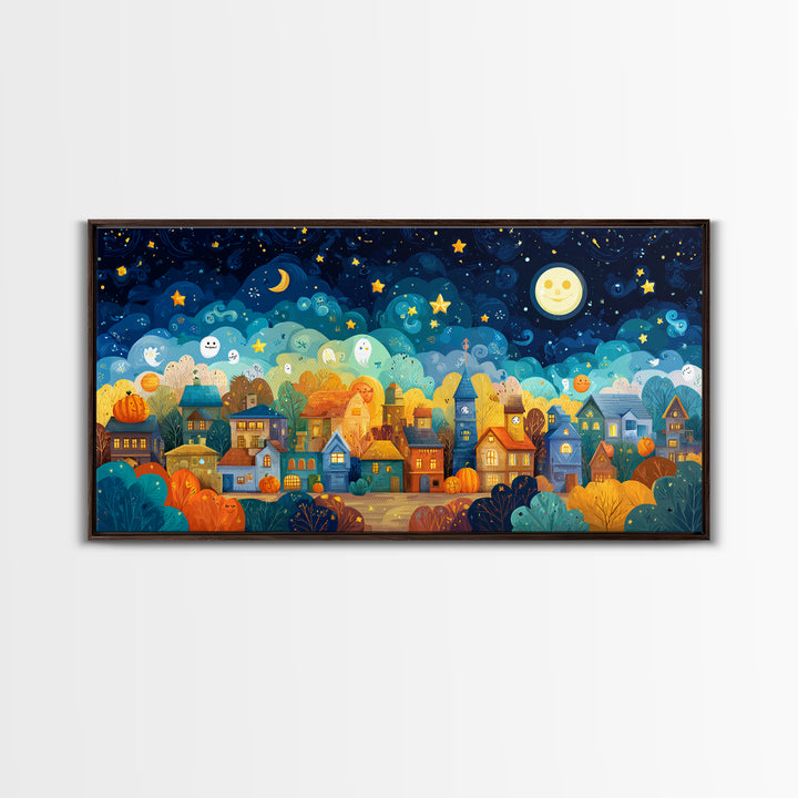 The Rainbow Halloween Night, Vector Halloween Art, Wide Panoramic Art, Framed Canvas Print, Cute Halloween Wall Art
