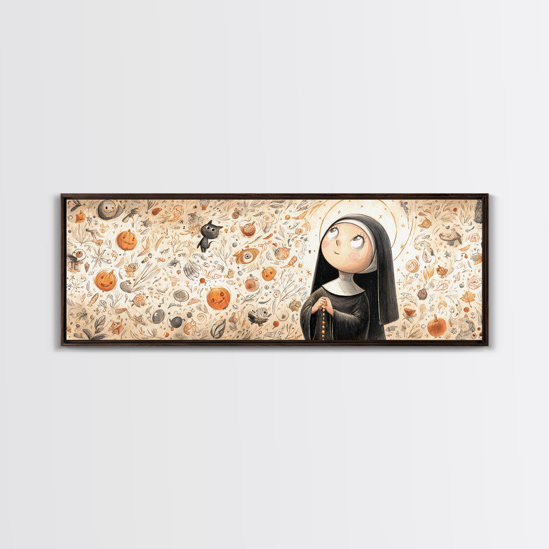 The Nun Of The Endless Constellation, Hand Sketch Halloween Art, Extra Wide Wall Art, Canvas Print, Cute Halloween Wall Art, Storybook Decor