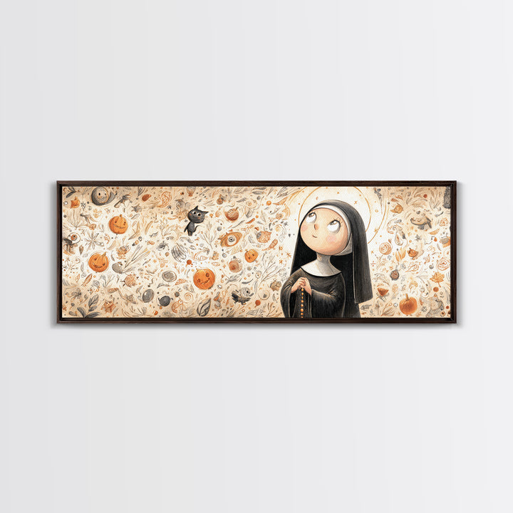 The Nun Of The Endless Constellation, Hand Sketch Halloween Art, Extra Wide Wall Art, Canvas Print, Cute Halloween Wall Art, Storybook Decor