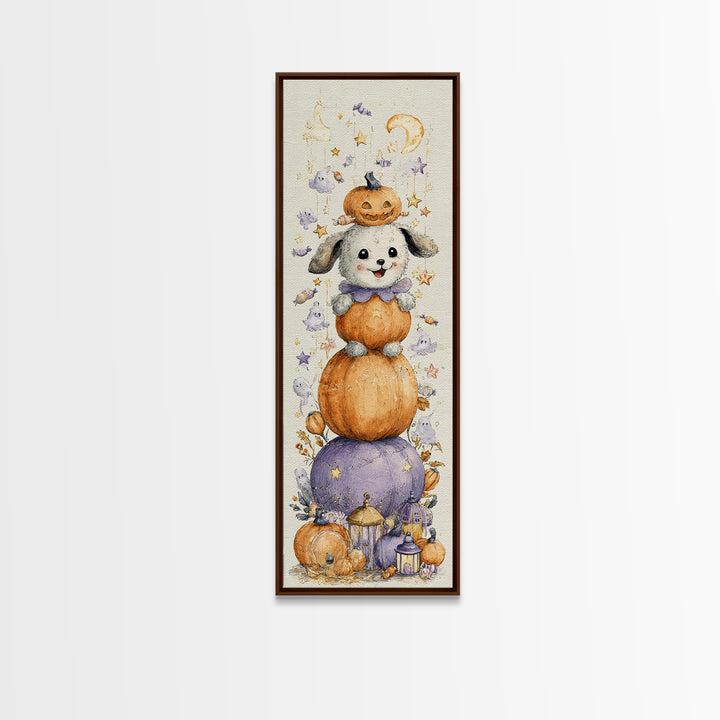 The Pumpkin Puppy, Watercolor Halloween Art, Tall Narrow Wall Art, Framed Canvas Print, Cute Halloween Wall Art